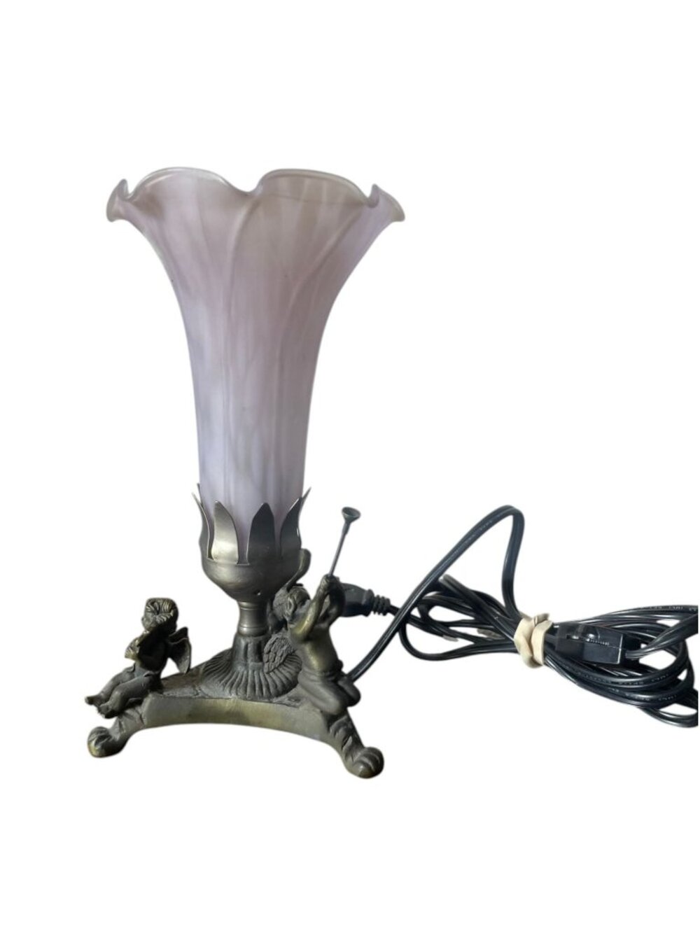 Vintage Lily Shaped Floral Lamp With Brass Cherub Design Whimsical Fairy Light